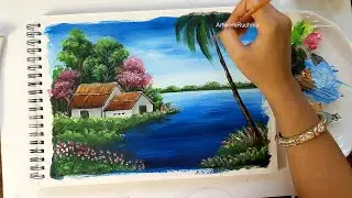 A Beautiful Scenery Painting | Hut on River Bank Painting | Hut Nature House Painting for Beginners