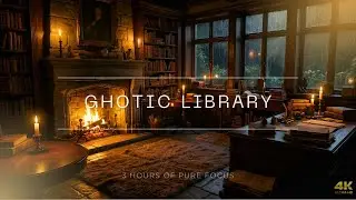 Gothic Library Ambience 🏰| Rain on Window, Crackling Fireplace & Dark Academia Piano for Study/Sleep