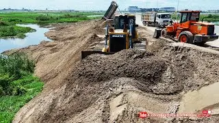 Amazing Powerful Shantui DH17c2 push sand, 25t Truck loading sand fill huge land project into water