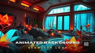 Animated Background - Indoor Botanical Garden Pond 04, Neon Orange Flowers Live Wallpaper Overlay