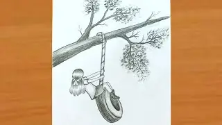 How to draw a girl on swing || tyre swing || swinging girl drawing ||farjana ||simple art with rose