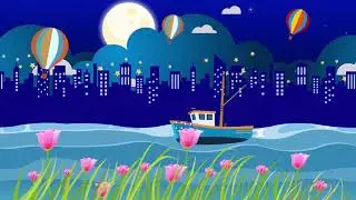 Cartoon background of night city fishing boat - Cartoon kids