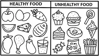 How to Draw Food items - Healthy v Unhealthy, fruits drawing, ice cream drawing, junk food drawing