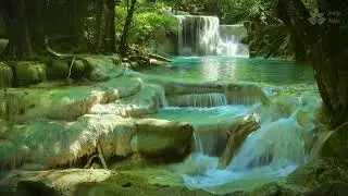 Calming sounds of turquoise waterfall cascade. Gentle nature noise for sleep, relax, study