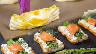 Лодочки из слоеного теста с лососем и мини-бутерброды со спаржей