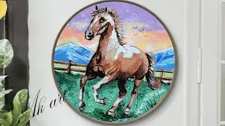 Paint Acrylic color on Round Cardboard/Acrylic Paintings tutorial/Easy drawing Horse painting 