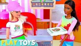 Barbie doll is cooking play doh pizza with kitchen toys! Play Toys