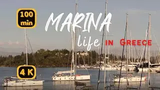 Relaxing view of returning charter boats to marina Gouvia, Corfu, Greece 4K