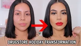 DRUGSTORE HOLIDAY MAKEUP TRANSFORMATION: EASY & LONG LASTING! *glowy skin + red lips*