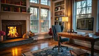 Cozy Home Office Fireplace Ambience | ✨ Light Snowfall Sunset for Creative Focus