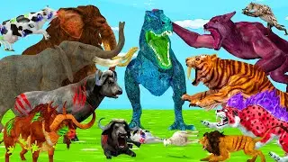 10 Zombie Mammoth vs 3 Monster Tiger vs 10 Zombie Wolf T-rex Attack Baby Cow Lion Saved By Mammoth