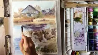 Пейзаж с гусями акварелью/Весенний пейзаж/Spring landscape watercolor