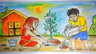 Save Earth Save Life🌍/ Plantation Scene/ Boy Girl Growing Plants 🍀Step by Step@amazyartdesign