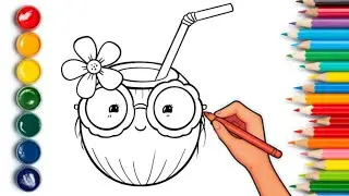 How to Draw and Color a Cute Coconut Drink 🥥 | Fun Tropical Art Tutorial for Kids