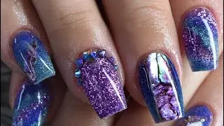 Short-ish Acrylic Design Nails Using Shell Pieces And Glitter acrylic