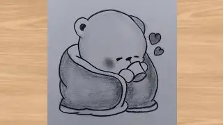 Teddy with cup of tea in winter season outline pencil drawing | cute animals art @Mohini.youtuber 