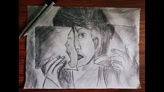 Scared boy with broken glass /Pencil drawing