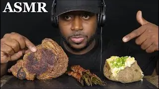ASMR RIBEYE STEAK, BACON WRAPPED b ASPARAGUS AND CHEEZY LOADED BAKE POTATO. MUKBANG  (NO TAlKING).