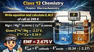Write equation and calculate e.m.f of cell at 298 K.Mg(s) / Mg&sup2;+ (0.001M)|| Cu&sup2;+ (0.0001M)/Cu(s)