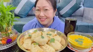 HOME MADE // BIG CHICKEN MOMO WITH SPICY  TIl  TOMATO KO ACHAR // MUKBANG !!