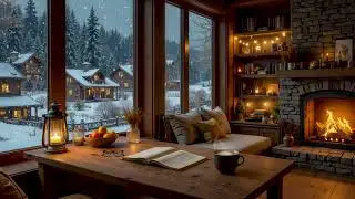 Calm Winter Coffee Shop Ambience ☕ Relaxing Jazz Music & Crackling Fireplace for Stress Relief