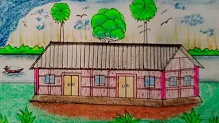 Paint a beautiful house in tinshade | প্রকৃতির দৃশ্য আঁকা | Draw a wonderful river | ছবি আঁকা শেখা