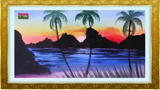 Beautiful Riverside Scenery Painting with Blue Sky | Easy Paintings