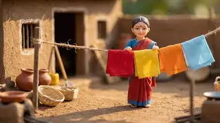Miniature Indian Village Life 🌞 | Tiny Woman Drying Clothes in Sun | Relaxing ASMR
