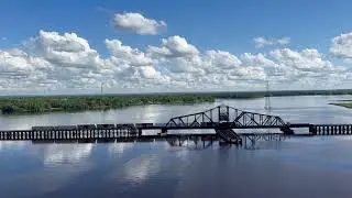Train crossing Grassy Point Swing Bridge from Bong Bridge - Superior, WI to Duluth, MN