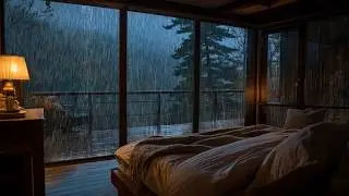 Realistic Rain Sounds in Cozy Forest Cabin Bedroom 🌧️ Warm Lamp & Panoramic Window for Deep Sleep