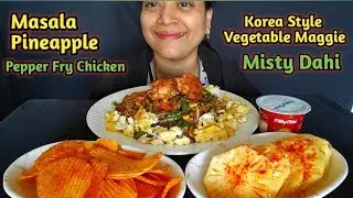 Eating Korean Veg Maggie || Fry Chicken 🍗 Potato Chips Masala Pineapple || Misti Dahi 🤤 Street Food 