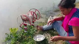 Amazing Fishing Video 2023 | Traditional Girl Catching fish With Plastic Box Fish Hook By River