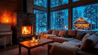 🎹🔥Snowy Cabin Piano Dreams | Cozy Fireplace, Sleeping Cat & Winter Forest View | Relax Sleep Focus 🤍