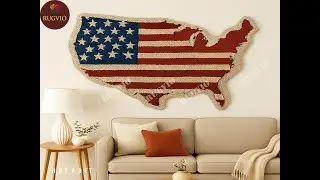 Handmade USA Map Flag Wool Tapestry: Patriotic American Flag Wall Hanging / Statue of Liberty