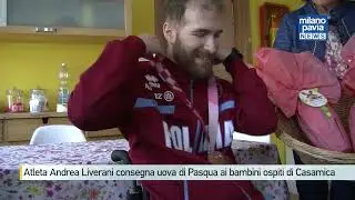 Atleta Andrea Liverani consegna uova di Pasqua ai bambini ospiti di Casamica