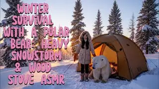 Winter Survival with a Polar Bear Heavy Snowstorm ❄️ Wood Stove Crackling + Snowstorm ASMR for Sleep