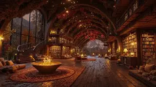 Tranquil Night Fall Library Jazz 🌙 Firelit Ambience, Autumn Leaves & Gentle Rain Sounds