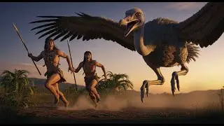 How Life Ancient Million Years Ago: Homo Habilis Meet Giant Ostrich Ancestors - Chase Each Other.