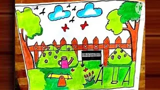 How to Draw Garden Scenery Drawing Step By Step / Flower Garden Scenery Easy For Beginners Drawing