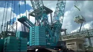 Huge Crane Self Assembly. U Shape Beam Launcher And Gantry Crane In Working. Fire Truck And Ladder