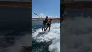 2 guys one surfboard #boatsandbros #lake #lakepowell #sandhollow #tandemsurfing #malibuboats