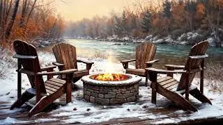 Cozy Winter Holiday Evening by the River ❄️ | Fire Pit Crackling, Flowing Water, Forest Bird Sounds