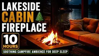 10 Hrs. Cozy Campfire & Cabin by Forest Lake 🌲 Night Nature Sounds for Deep Sleep
