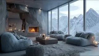 Cozy Fireplace Scene in Winter Cabin with Snow Outside and Gentle Piano for Sleep and Meditation