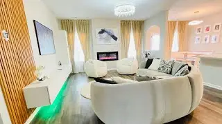 Home Setup Idea | Modern Floating Entertainment Center | Slat Wall | Frame TV | Crystal Chandelier
