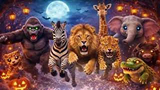 Learn Halloween Animal Names & Sounds 🎃  Lion, Giraffe, Gorilla & Wild Animals Funny Scary Animatio