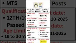 Indian Coast Guard MTS Recruitment 2025 ll Apply Now New Govt Job ll #coastguard #govtjobs #2025