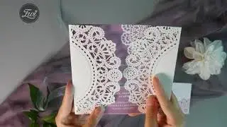 Dreamy Mauve- Ivory Laser Cut Wrap invitation with background in mauve colors