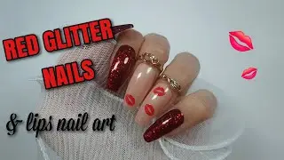 Red Glitter Nails with Kiss Lip Stickers 💋 | DIY Nail Art at Home