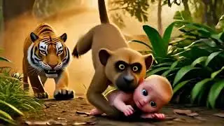 A dog and monkey save a baby , and kindness . #animation #animalshorts #baby #ai